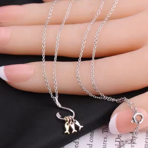 925 Sterling Silver Boho Minimalist Tri Metal Color Fish On A Hook Necklace - Picture 5 of 11